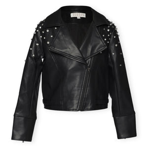 Hannah Banana Faux Leather Rhinestone Moto Jacket ~ Black