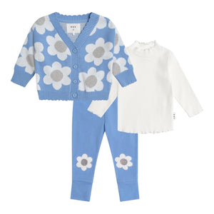 Huxbaby Daisy Scalloped Knit Cardi, Ribbed l/s Top & Leggings Set ~ Seaside/Almond Milk