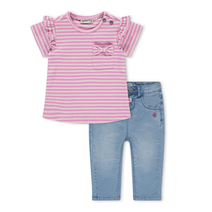 Babyface Baby Girl Frilled s/s Top & Jeans Set ~ Candy Stripe/Medium Blue