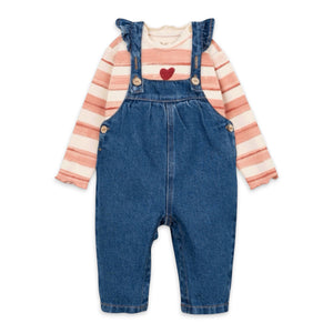 Play Up Baby Printed Stripe l/s Heart T-Shirt & Frilled Denim Overalls Set ~ Off-White/Blue