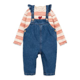 Play Up Baby Printed Stripe l/s Heart T-Shirt & Frilled Denim Overalls Set ~ Off-White/Blue