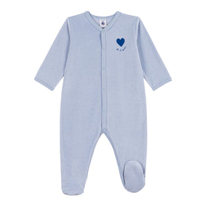 Petit Bateau Front Snap Velour Footie w/ Heart Detail ~ Blue