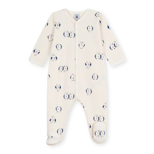 Petit Bateau Front Snap Penguin Print Brushed Fleece Footie ~ White Multi