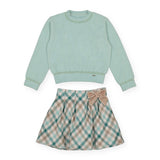 Mayoral Girls Fuzzy Knit Sweater & Plaid Skirt w/ Bow Set 7-12 ~ Jade