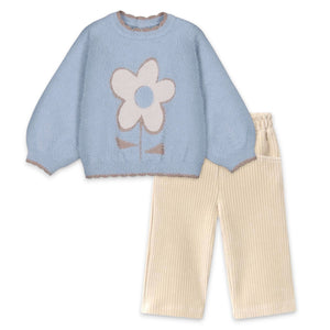 Mayoral Baby Girl Flower Fuzzy Knit Sweater & Ribbed Velour Pants Set ~ Hummingbird/Light Khaki