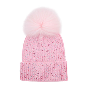 Bari Lynn Fully Crystallized Hat w/ Fur Pom