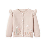 Elegant Baby Embroidered Flutter Sleeve Knit Cardigan ~ Garden Picnic/Taupe