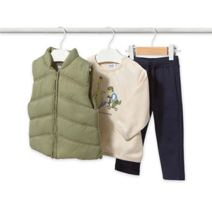 Mayoral Baby Boy l/s Dinos Top, Puffer Vest & Pants Set ~ Bayleaf