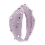 Bari Lynn Linen Embroidered Bows & Pearls Knot Headband