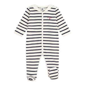 Petit Bateau Velour Front Snap Striped Sailor Collar Footie ~ White/Navy