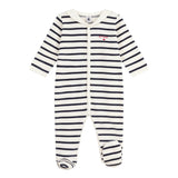 Petit Bateau Velour Front Snap Striped Sailor Collar Footie ~ White/Navy