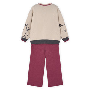 Mayoral Girls Knit Cat Sweater & Wide Leg Pants Set ~ Cherry