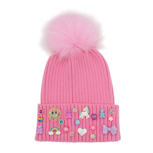 Bari Lynn Fun Charm & Jewel Cuff Hat w/ Fur Pom ~ Bubblegum