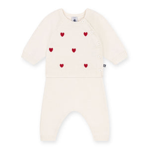 Petit Bateau Knit Heart Sweater & Pants Set ~ White/Red