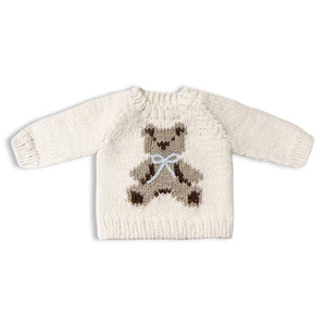 The Blueberry Hill Knit Teddy Bear Sweater ~ Cream/Blue Bow