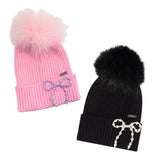 Bari Lynn Pearl Bow Hat w/ Fur Pom