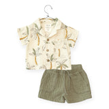 Play Up Baby Printed Linen Shirt, T-Shirt & Woven Shorts Set ~ Palms/Moss