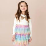 Petite Hailey l/s Bow Layered Tutu Dress ~ Ivory/Multi