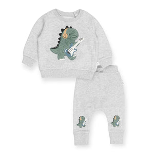 Huxbaby Furry Dino Sweatshirt & Slouch Pants Set ~ Grey Marle