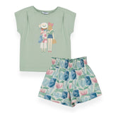 Mayoral Girls Graphic Tee w/ Headband & Printed Shorts Set 7-12 ~ Jade/Mint Floral