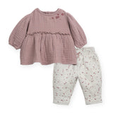 Play Up Baby Woven Tunic & Printed Padded Pants Set ~ Dusty Mauve/Heather Grey