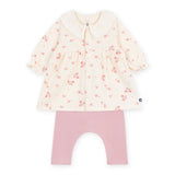 Petit Bateau l/s Ruffle Collar Floral Dress w/ Leggings ~ Cream/Pink