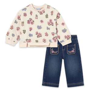 Mayoral Baby Girl Floral Print Sweatshirt & Embroidered Jeans Set ~ Soy/Dark Wash