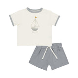 Quincy Mae Baby Boy Boat Ringer Tee & Play Shorts Set ~ Ivory/Blue