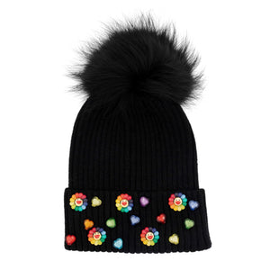 Bari Lynn Rainbow Flower Charm Hat w/ Fur Pom ~ Black