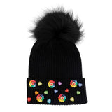 Bari Lynn Rainbow Flower Charm Hat w/ Fur Pom ~ Black