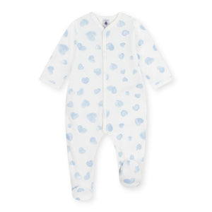 Petit Bateau Front Snap Heart Print Brushed Fleece Footie ~ White/Blue
