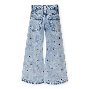 Baby Sara Acid Wash Rhinestone Wide Leg Jeans ~ Blue