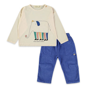 Babyclic Elephant l/s T-Shirt & Corduroy Pants Set ~ Ecru/Electric Blue