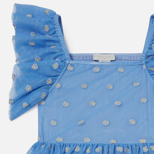 Stella McCartney Girls Sleeveless Frilled Tulle Dress w/ Flowers Embroidery ~ Blue