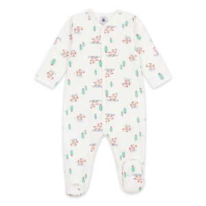 Petit Bateau Front Snap Dog & Tree Print Footie ~ White Multi