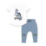 Huxbaby Skatin' Dino T-Shirt & Adventure Dino Slouch Pants Set ~ White/Dino Blue
