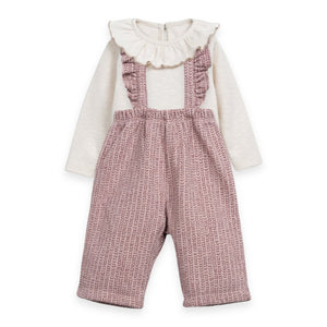 Play Up Baby Ruffle Collar Onesie & Printed Fleece Ruffle Overalls Set ~ Rose/Natural