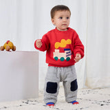 Bobo Choses Baby Choo Choo Sweatshirt & Quilted Joggers Set ~ Red/Light Heather Grey