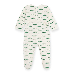 Petit Bateau Back Snap Crocodile Print Brushed Fleece Footie ~ White/Green