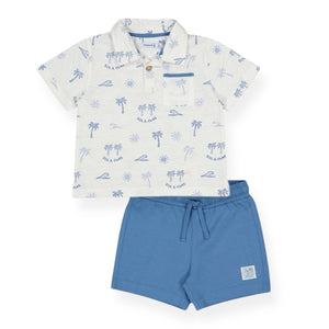 Mayoral Baby Boy Sun & Waves s/s Polo & Shorts Set ~ White/Capri Blue