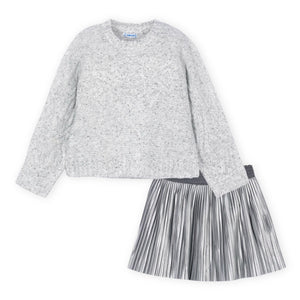 Mayoral Girls Knit Sweater w/ Sequins & Pleated Faux Leather Skirt Set 7-12 ~ Silver