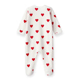 Petit Bateau Front Snap Hearts Print Fleece Lined Footie ~ White/Red