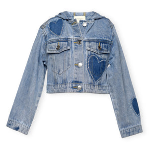Hannah Banana Rhinestone Shadow Heart & Flower Hooded Denim Jacket ~ Stonewash
