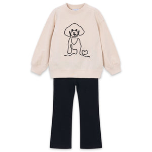 Mayoral Girls Crystal Embellished Dog Sweatshirt & Flare Leggings Set 7-12 ~ Natural/Black
