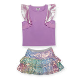 MIA New York s/s Flutter Top & Sequin Skirt Set ~ Purple/Rainbow