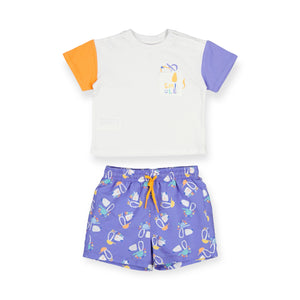 Mayoral Baby Boy T-Shirt & Swim Trunks Set ~ White/Lilac