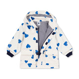 Petit Bateau Baby Heart Print Hooded Rain Jacket ~ Ecru/Blue