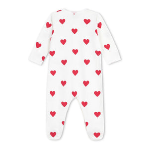 Petit Bateau Front Snap Heart Print Footie ~ White/Red