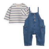 Play Up Baby Striped Tee & Denim Overalls Set ~ Heather/Blue