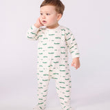 Petit Bateau Back Snap Crocodile Print Brushed Fleece Footie ~ White/Green